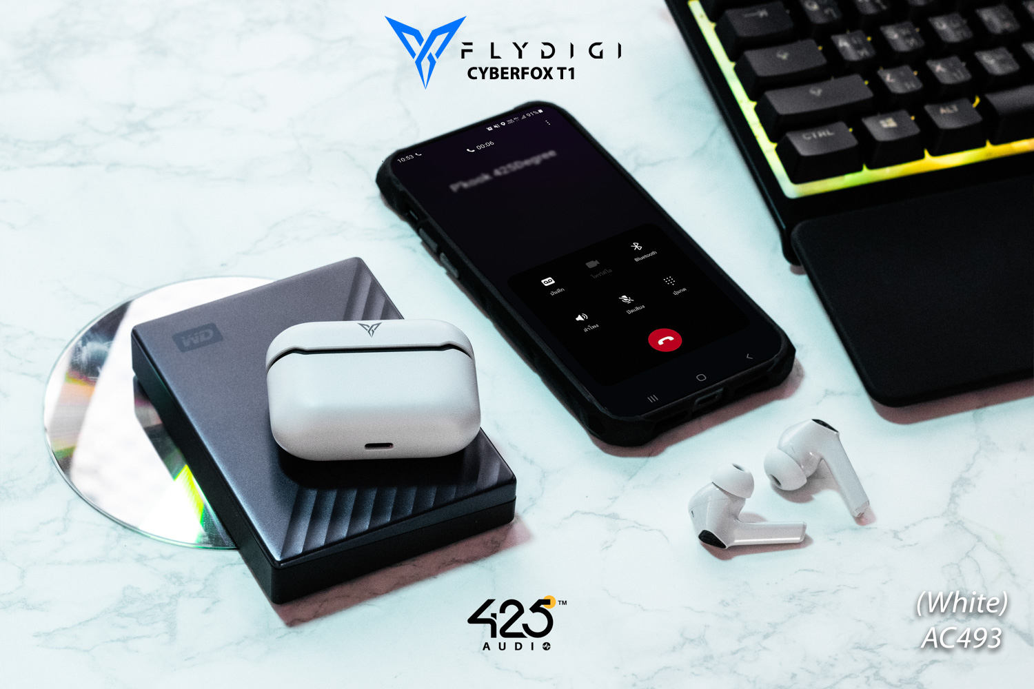 Flydigi Cyberfox t1,black,white,true wireless,gaming mode,ipx4,bluetooth 5.0,in-ear,หูฟังไร้สาย,เล่นเกมส์ไม่ดีเลย์,เสียงดี,ใส่สบาย,คุยโทรศัพท์ชัด,pubg,rov,call of duty mobile