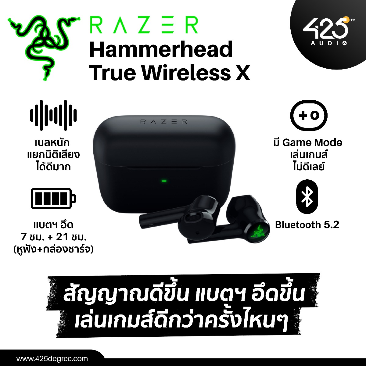 razer hammerhead true wireless x,bluetooth 5.2,aptX.Game Mode,razer,หูฟังไร้สาย,true wireless,เบสหนัก,เล่นเกมส์ไม่ดีเลย์